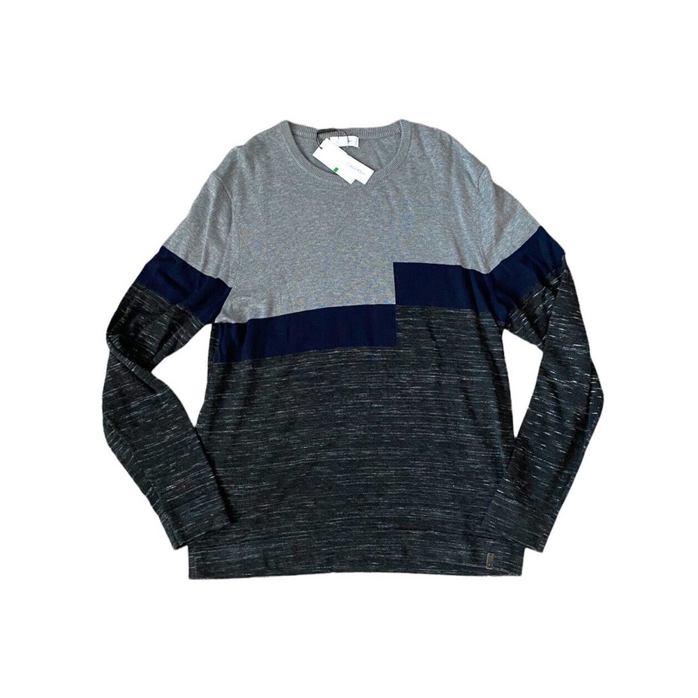 New Calvin Klein Color Block Transitional Lightweight Sweater Gray Blue Large